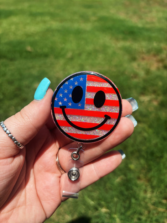 Smiley American Flag Badge Reel